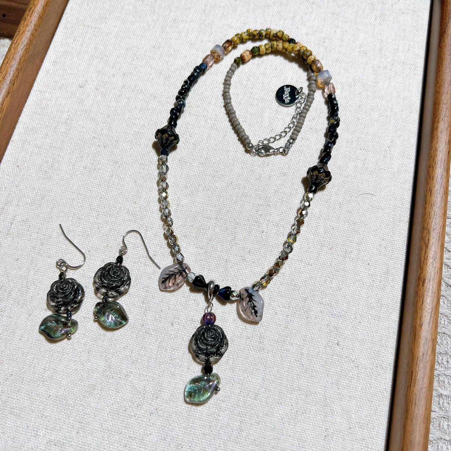 Black rose beaded necklace vintage style bohemian bead Czech glass beaded earring set